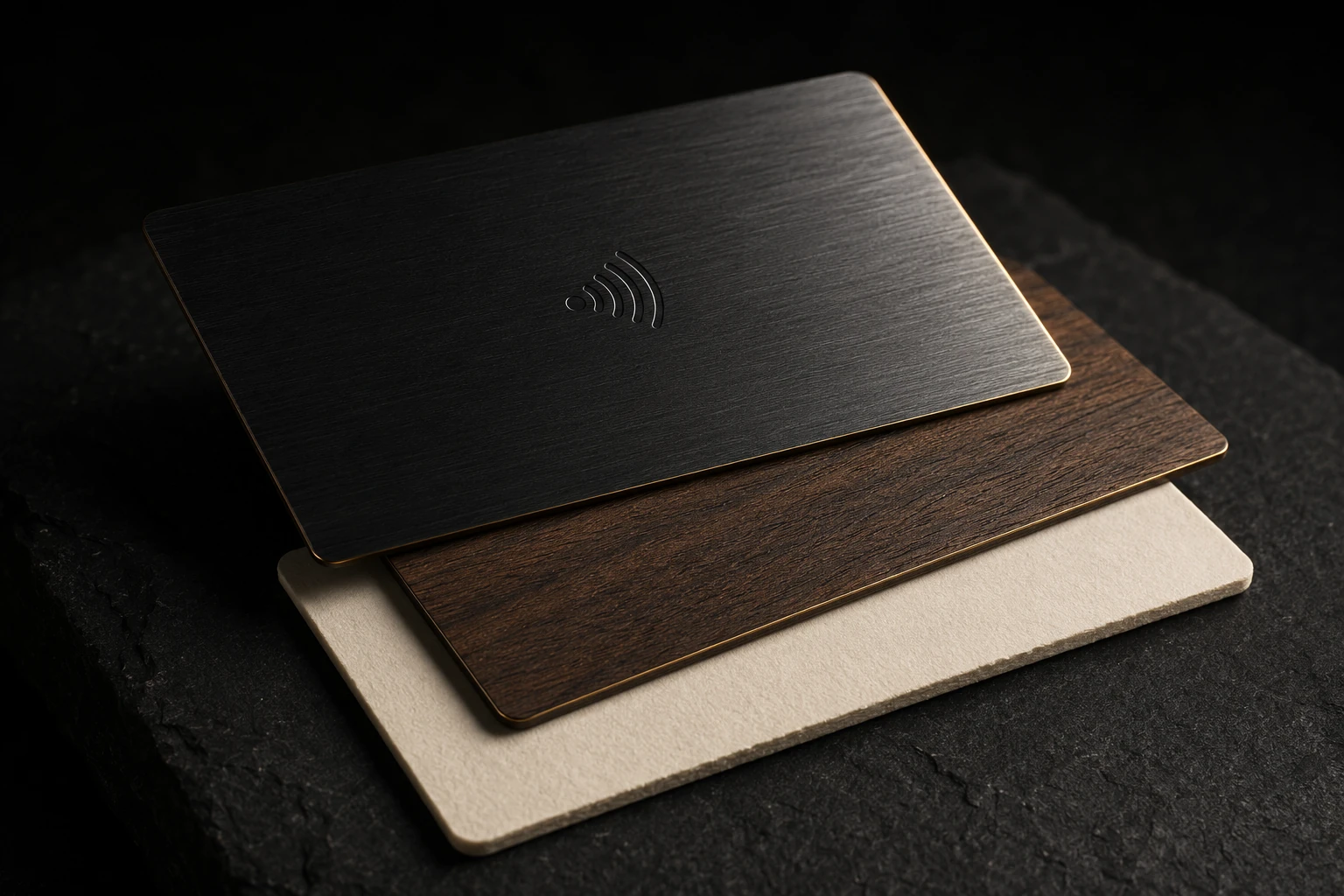 Premium NFC cards in brushed metal, dark walnut, and warm ivory finishes